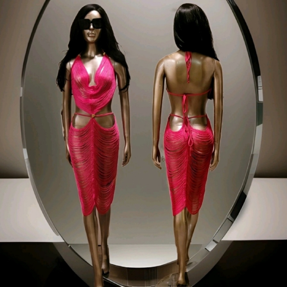 NWT Sunset Pink In Miami Sexy Cut Out Fringe Embellished Ibiza Festival Dress - Picture 8 of 16